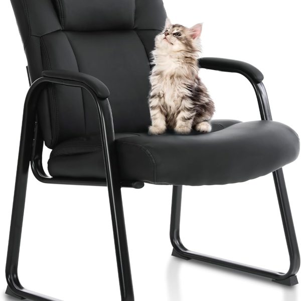 Big and Tall Office Chair 500lbs Leather Reception Chair with Bonded Padded Armrest Wide Seat Sled Base Desk Chair No Wheels for Reception Conference Waiting Room Side Office Home, Black