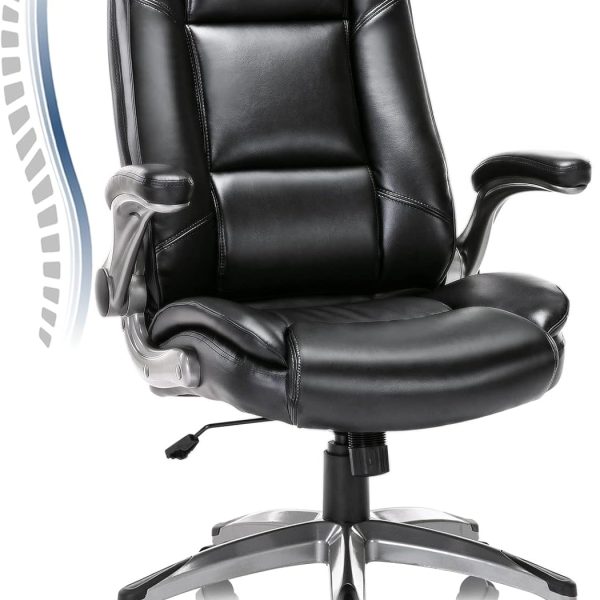 Leather Executive Office Chair - High Back Home Computer Desk Chair with Padded Flip-up Arms, Adjustable Tilt Lock, Swivel Rolling Chair for Adult Working Study, Black