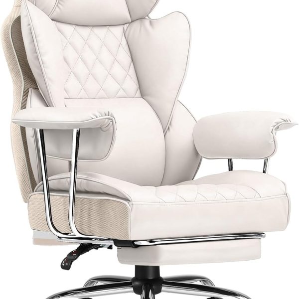 Big and Tall Office Chair, High Back Leather Gaming Chair with Footrest, Executive Office Chairs with Pocket Spring Lumbar Support and with Outward Fixed Soft Armrests