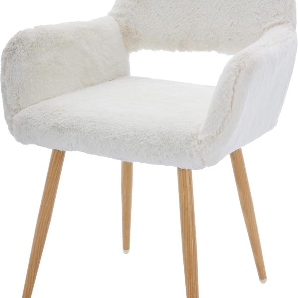 Home Office Faux Fur Desk Chair, Fluffy Makeup Vanity Chair, Comfy Accent Armchair with Wood Grain Metal Legs, Cute Dining Chair with Hollowed Back, White