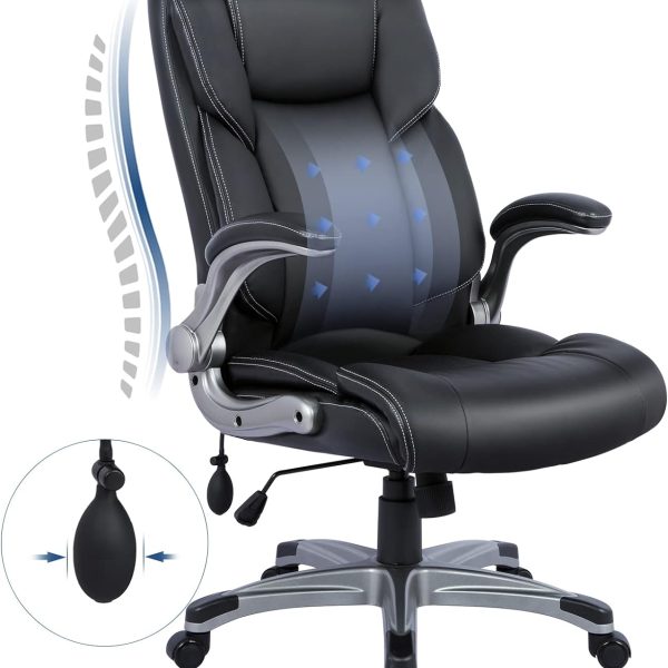 High Back Executive Office Chair- Home Computer Desk Leather Chair with Padded Flip-up Arms, Adjustable Tilt Lock, Swivel Rolling Chair for Adult Working Study-Black