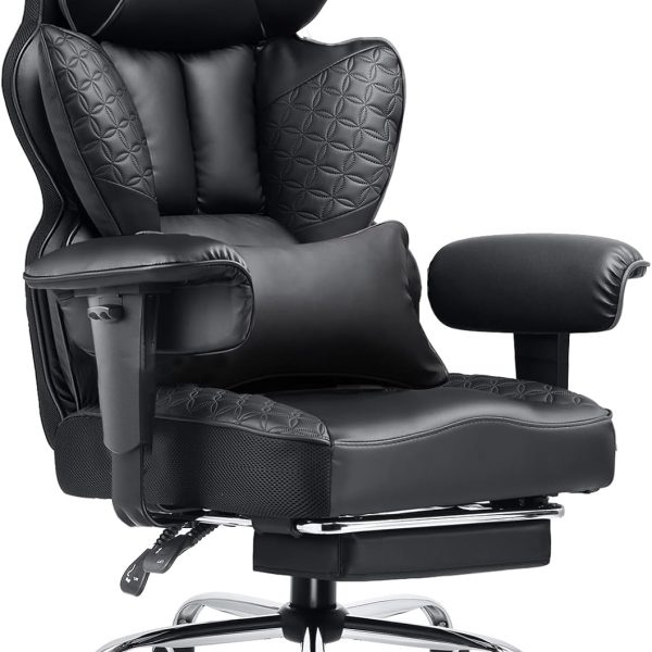 Big and Tall Office Chair 400LBS Wide Gaming Chair with Deluxe Embossing Designed Leather with Foot Rest,150°Reclining Adjustable Armrests Pocket Spring Back Support and Pillow