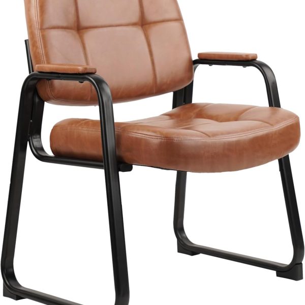 Big & Tall 500 lb Waiting Room Chairs with Padded Armrests and Sled Base, Leather Stationary No Wheels Office Guest Chair for Reception Lobby Home and Meeting Conference, Brown