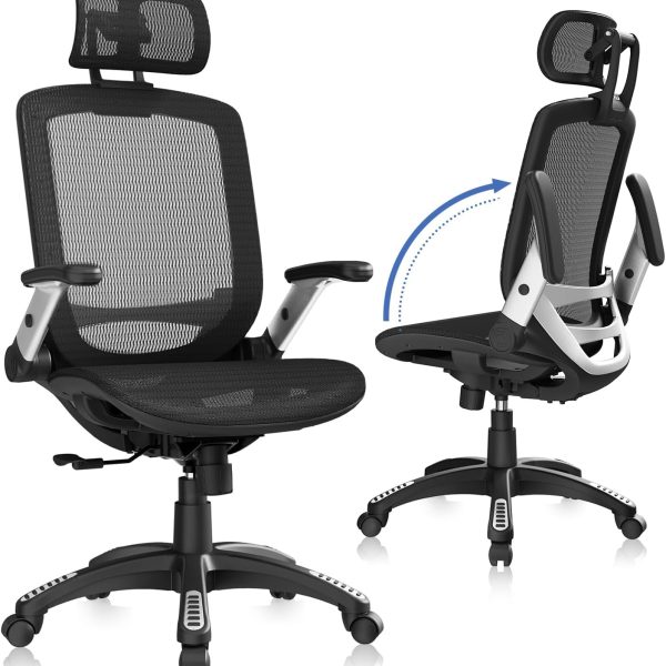 Office Chair, High Back Home Desk Chair with Headrest, Flip-Up Arms, 90-120° Tilt Lock and Wide Cushion, Big and Tall Mesh Chairs for Man Woman, Black Task Chair