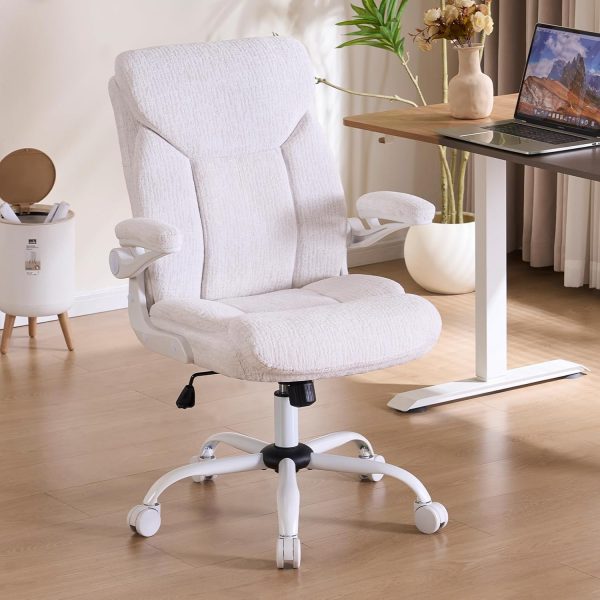 Executive Office Chair, Comfy Fabric Cloth Computer Chair Desk Chairs with Flip-up Armrests, Lumbar Support, 360° Swivel and Rocking Function for Home Office Chairs, White