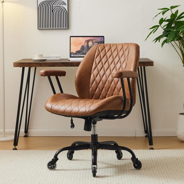 Home Office Desk Chair Office Rubber Casters Computer Chair with Lumbar Support Adjustable Height Rolling Swivel Executive Task Armrests Chair， Brown Leather