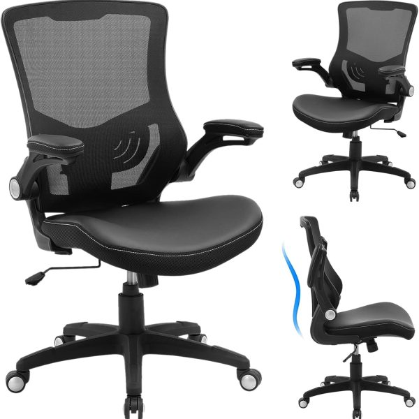 Office Desk Chair Computer PU Leather Home Office Chair, Swivel Mesh Back Adjustable Lumbar Support Flip-up Arms Executive Task Chair