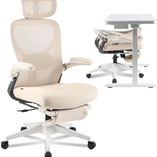 Folding Chair for Small Spaces with Lumbar Support, Flip-up Armrests, 3D Headrest, Desk Chairs with Footrest for Work,Video Game (Foam Seat, Cream)
