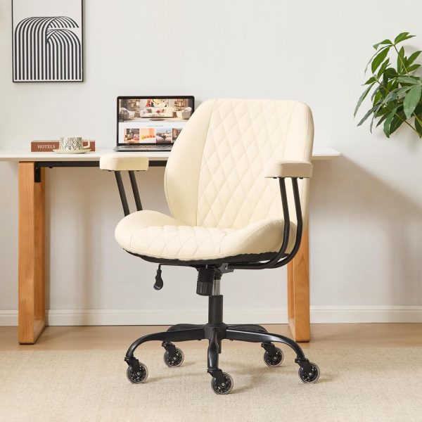 Home Office Desk Chair Office Rubber Casters Computer Chair with Lumbar Support Adjustable Height Rolling Swivel Executive Task Armrests Chair， Cream Leather