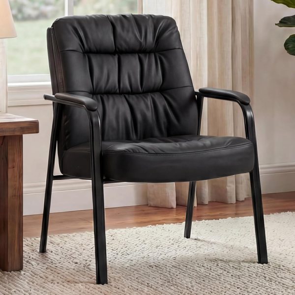 Office Waiting Room Guest Chair, 500lbs Office Reception Lobby PU Leather Chair No Wheels with Padded Armrest for Conference Lobby Medical Waiting Area Bedroom Elderly, Black