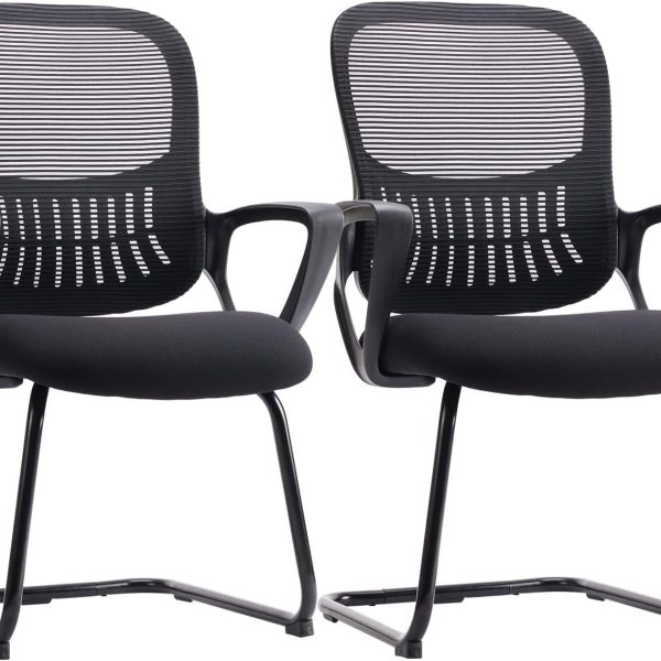 Reception Chair No Wheels, Stationary Non Rolling Mesh Mid Back Computer Guest Side with Lumbar Support for Waiting Area Reception Conference Room, Set of 2, Modern Black