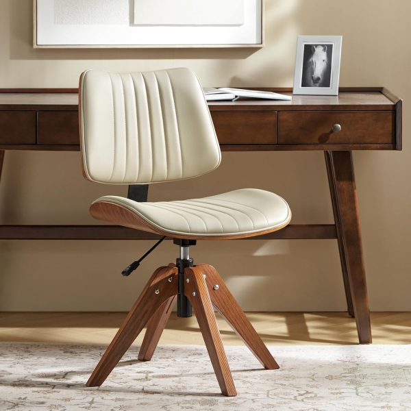 Faux Leather Home Office Chair with Solid Wood Legs, 360° Swivel Desk Chair No Wheels with Bentwood Design, Mid-Century Modern Wide Seat Computer Task Chair, Ivory