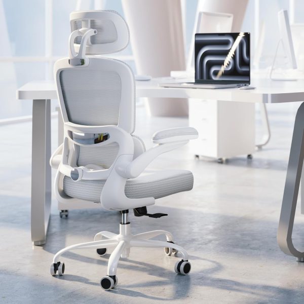 Office Chair - Desk Chair with Adjustable Headrest Lumbar Support Computer Chair - Mesh Comfy Chair with Flip-up Armrests - Gaming Chairs for Adults Home Office (Leather, White)