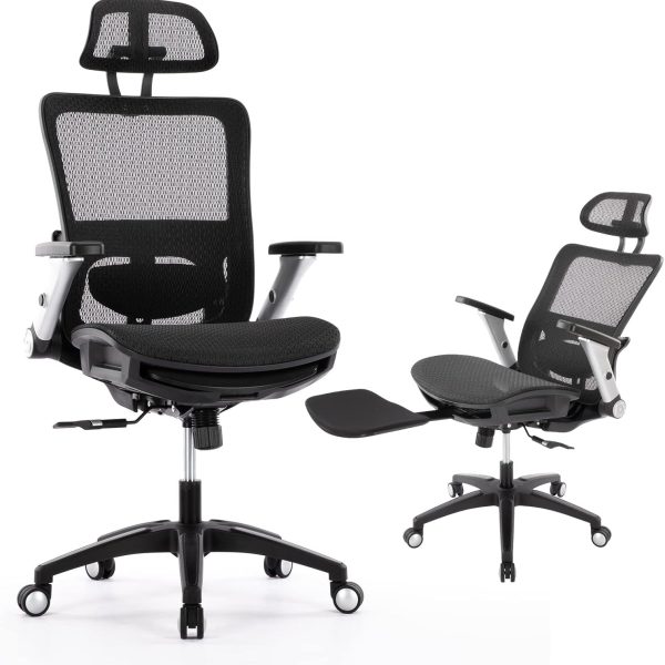 Mesh Office Chair with Footrest, High Back Computer Executive Desk Chair with Headrest and 4D Flip-up Armrests, Adjustable Tilt Lock and Lumbar Support-Black