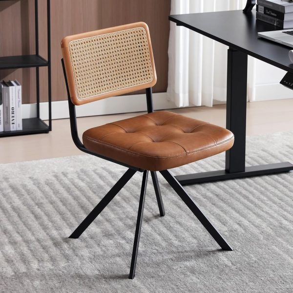 Rattan Desk Chair No Wheels, Mid Century Modern Home Office Chair with Cane Mesh & Wooden Back, Vintage Faux Leather Swivel Accent Chair, Upholstered Armless Computer Task Chair,Brown