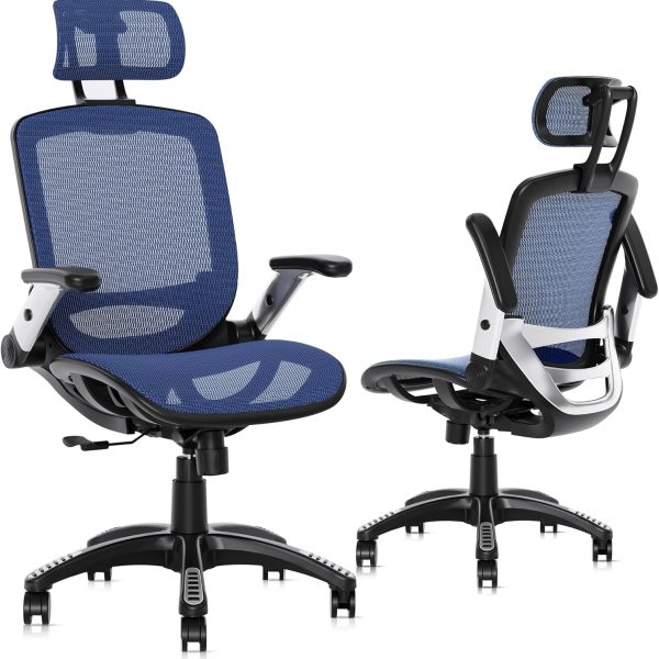 Office Chair, High Back Mesh Desk Chair with Adjustable Headrest, Flip-Up Arms, 90-120° Tilt Lock, Lumbar Support and Comfy Seat, Swivel Computer Task Chair, Blue
