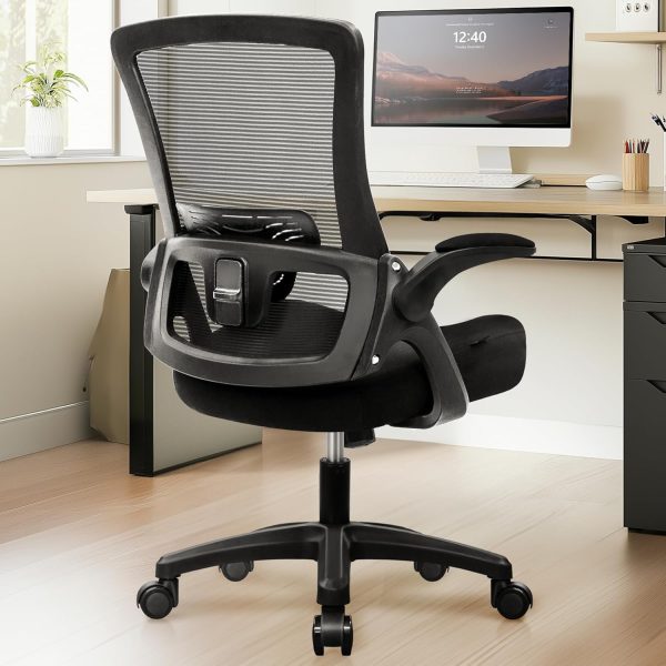 Office Desk Chair Computer High Back Mesh Gaming Seat with Adjustable Comfy Flip-up Armrests Lumbar Support Height for Home (Black)