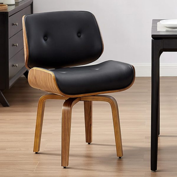 Desk Chair No Wheels, Faux Leather Upholstered Office Chair, Mid Century Modern Swivel Accent Chair, Walnut Bentwood Chair with Solid Wood Legs, Black