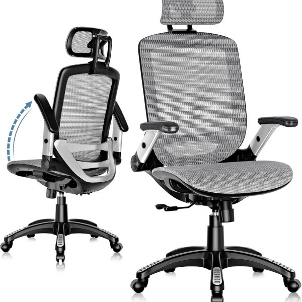 Office Chair, High Back Home Desk Chair with Headrest, Flip-Up Arms, 90-120° Tilt Lock and Wide Cushion, Big and Tall Mesh Chairs for Man Woman, Grey Task Chair