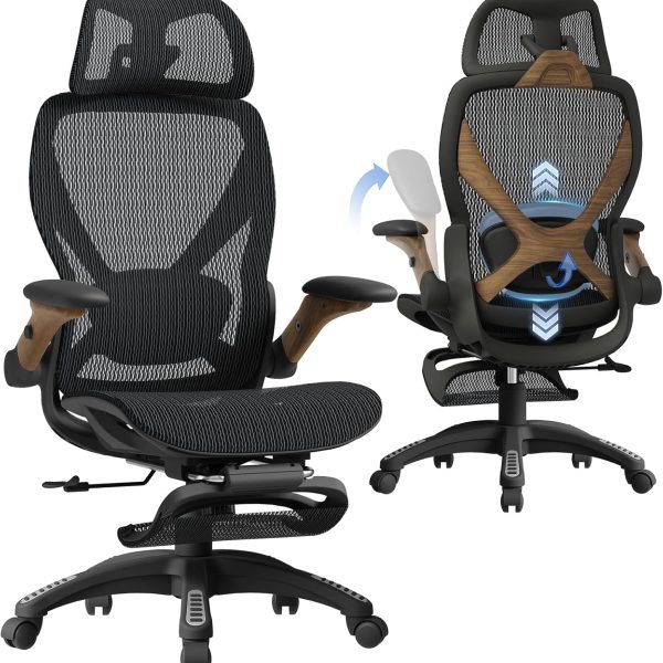 Office Chair with Footrest, Big and Tall Home Desk Chair with 5D Flip-Up Arms, Adjustable 3D Lumbar Support,High Back Rolling Computer Chair, Swivel Mesh Chairs (Library Oak)