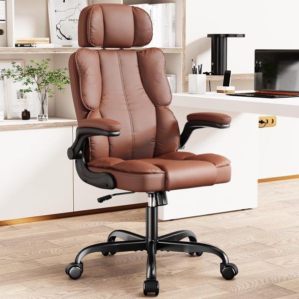 Executive Leather Office Chair, Computer Chair with Thick Cushion & Lumbar Support, Desk Chair with Adjustable Headrest & Armrests,Brown