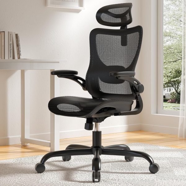 Mesh Office Chair High Back Home Office Desk Chair with Adaptive Lumbar Support, 2D Headrest, 3D Flip-Up Armrests, Height Adjustable and Rocking Tilt for Home Office and Gaming