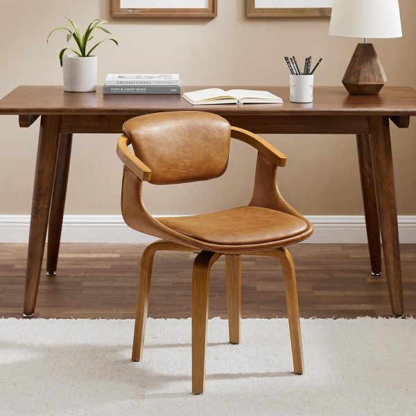 Mid Century Modern Chair - Home Office Desk Chair Without Wheels, Faux Leather Comfy Swivel Accent Armless Chair for Living Room Bedroom Study, Retro Brown