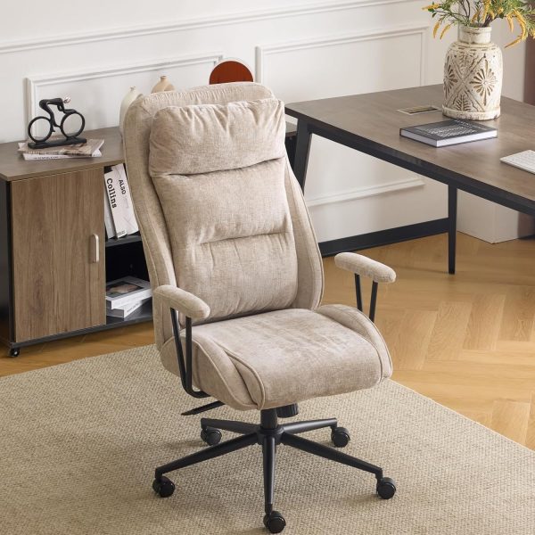 Chenille Executive Fabric Office Chair with 100-130° Recline, High-Back Desk Chair with Adjustable Base & Padded Back & Wheels, Comfy Chair for Gaming,Computer,Home Office,Light Khaki
