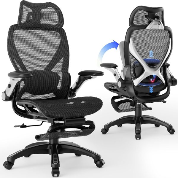 Office Chair with Footrest, Big and Tall Home Desk Chair with 5D Flip-Up Arms, Adjustable 3D Lumbar Support,High Back Rolling Computer Chair, Swivel Mesh Chairs (Midnight Mist)
