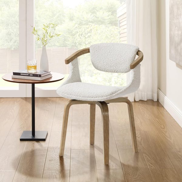 Swivel Desk Chair No Wheels, Mid Century Modern Office Chair, Boucle Dining Chair with Wood Legs, Accent Arm Chair for Living Room Bedroom Home Office, 1Pcs, Ivory