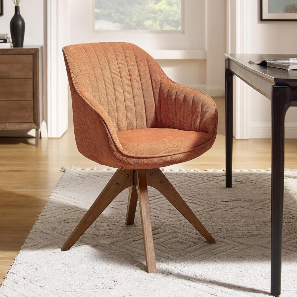 Desk Chair No Wheels, Mid Century Modern Office Chair, Swivel Accent Chair with Oak Wood Legs, Fabric Upholstered Arm Chair, Caramel