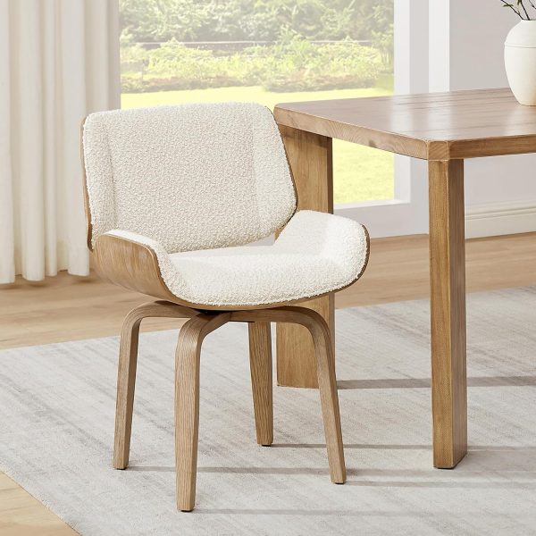 Office Chair No Wheels - Mid Century Modern Swivel Desk Chair, Boucle Fabric Upholstered Accent Chair with Solid Wood Legs, White Washed Oak Bentwood, Off White