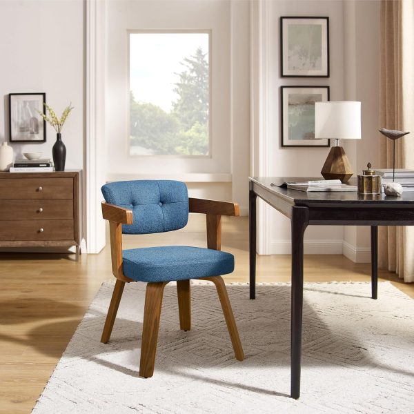 Office Chair No Wheels - Mid Century Modern Desk Chair Fabric Upholstered Swivel Dining Chairs with Wood Legs for Small Spaces Home Office Living Room Bedroom Study, Blue/Walnut